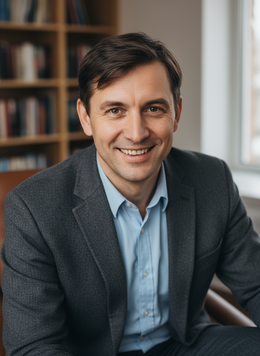 Happy Russian male client testimonial portrait