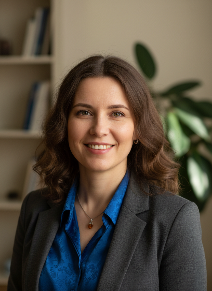 Satisfied Russian female client testimonial portrait