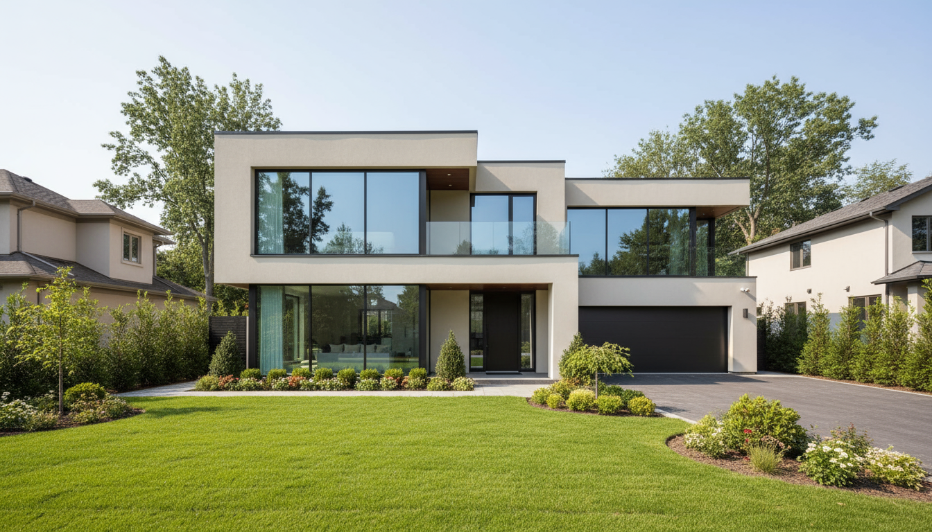 Modern luxury private house exterior with landscaping in Belarus