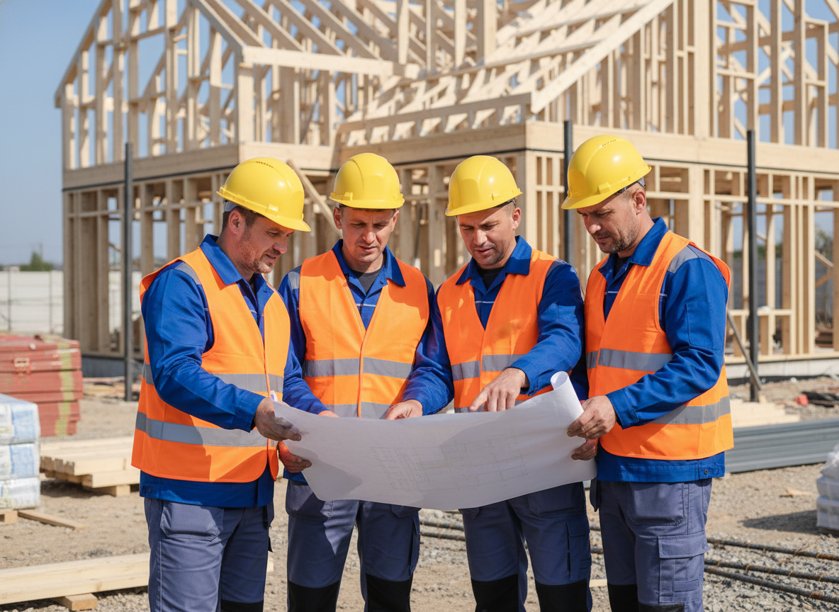 Professional Russian construction team working on private house project in Belarus